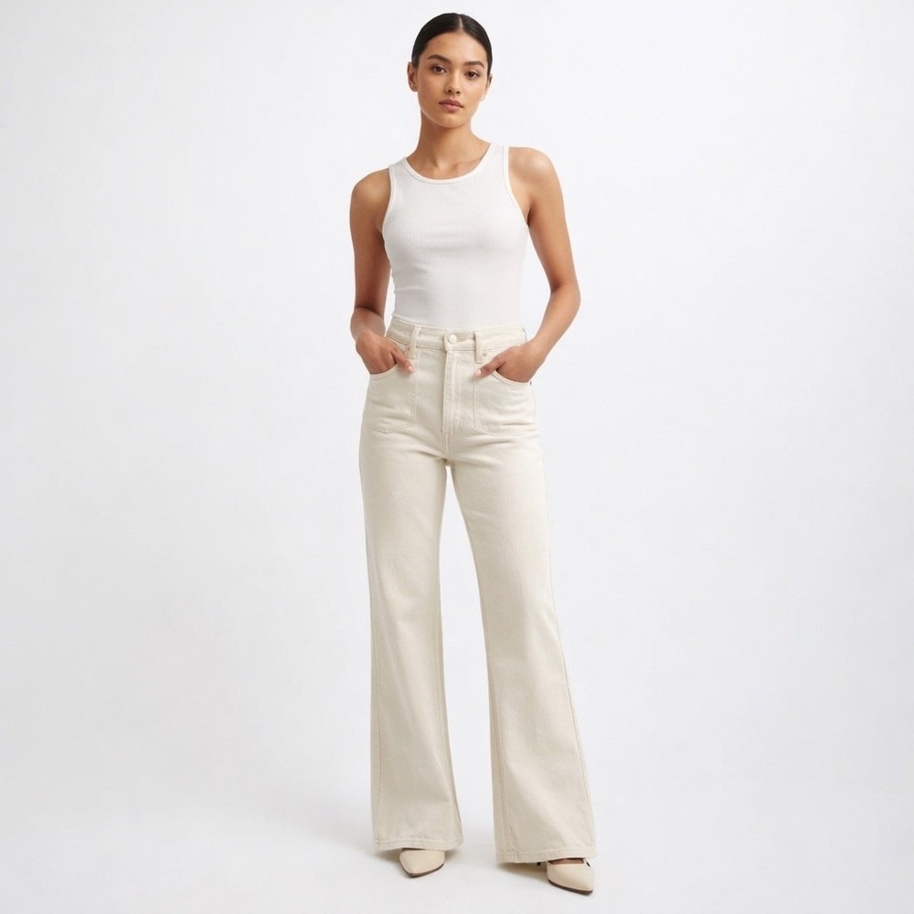 J.Crew‎ '96 Flare Jeans Size 26 Cream High Rise Patch Pocket Minimalist Scandi